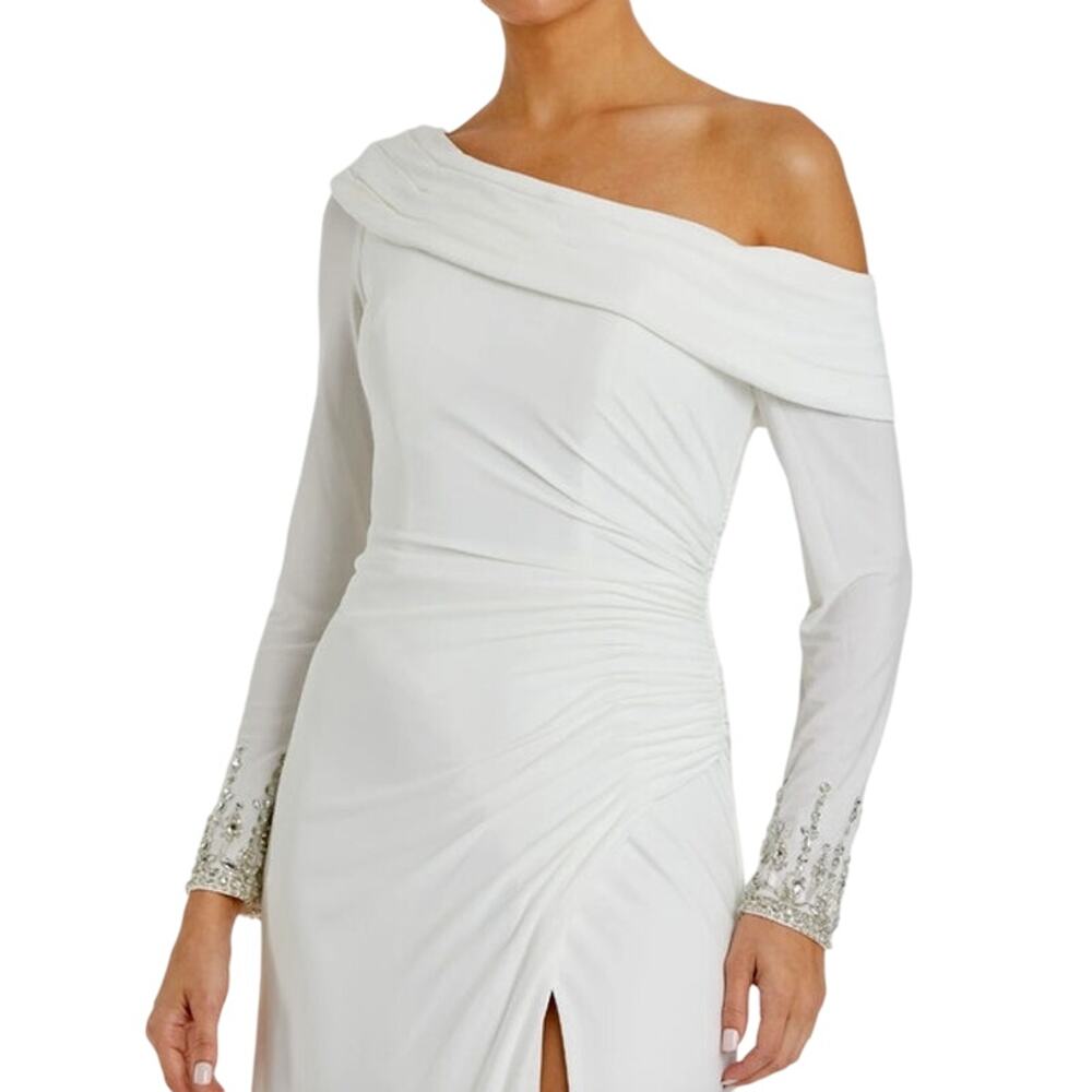 MAC DUGGAL Dress Size 10 Evening Gown White Off Shoulder Long Sleeve Rhinestone - Picture 6 of 7